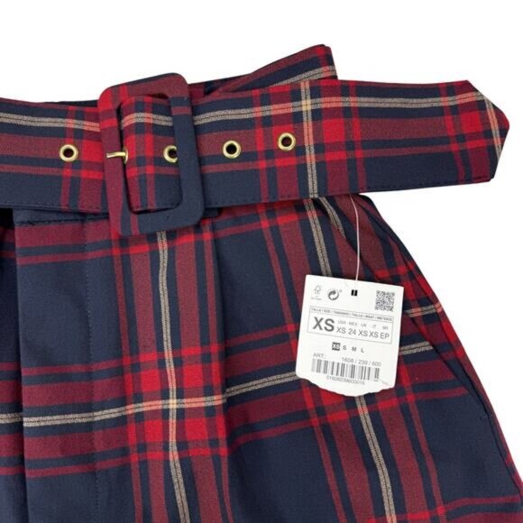 NWT ZARA Plaid Belted Shorts Size XS Red Blue - Picture 7 of 9